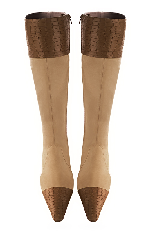 Caramel brown and tan beige women's feminine knee-high boots. Tapered toe. Medium block heels. Made to measure. Top view - Florence KOOIJMAN
